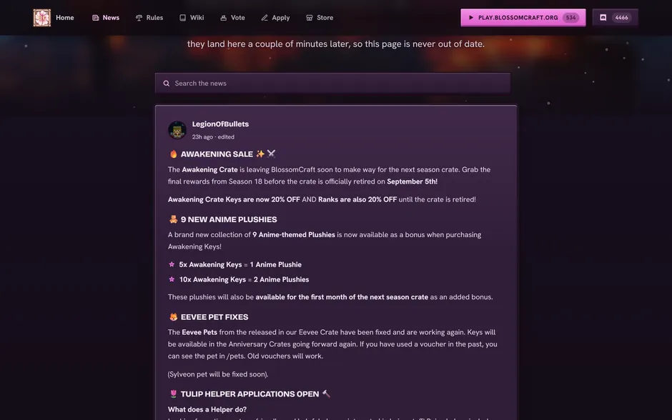 BlossomCraft news page, posts pulled from the server Discord