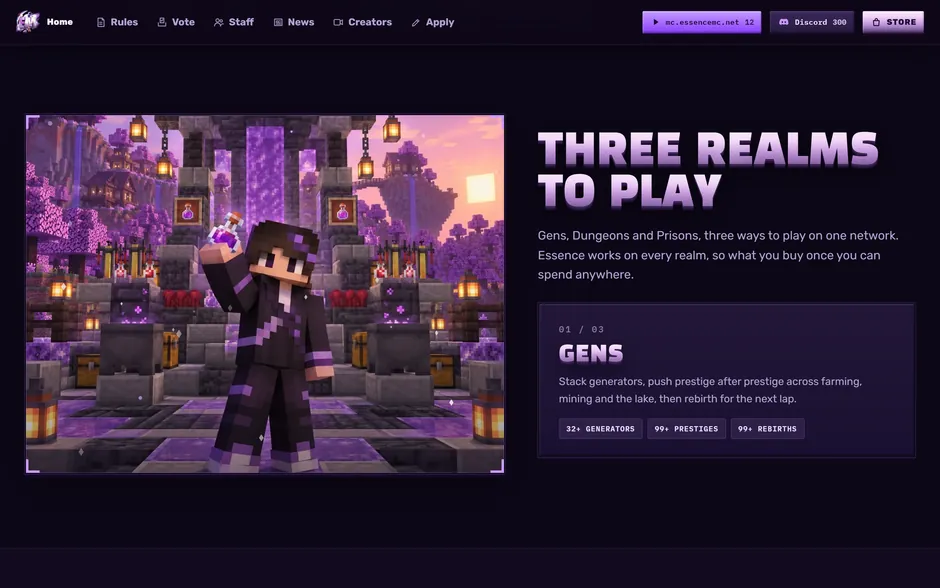 The three realms section, Gens leading with its own artwork and the numbers that go with it