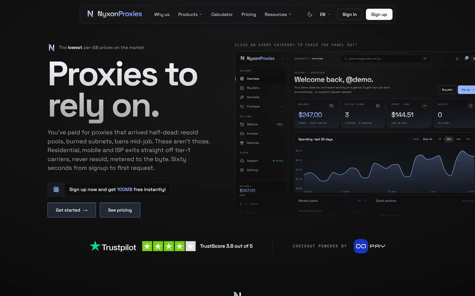 NyxonProxies home page, the headline beside their dashboard, which visitors can click through page by page