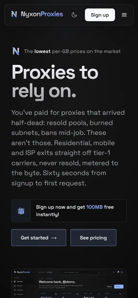 NyxonProxies home page on a phone