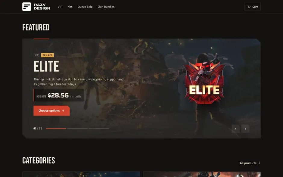 The Featured carousel on the Elite rank, with its sale price, the monthly price and the rank art