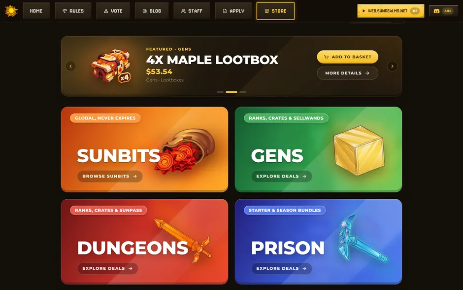 SunRealms store page, the featured package carousel above the four store categories, all live from their Tebex panel