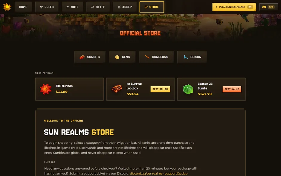 SunRealms store page with live Tebex catalogue and most popular packages